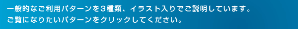 一般的なご利用パターンを３種類、イラスト入りでご説明しています。ご覧になりたいパターンをクリックしてください。